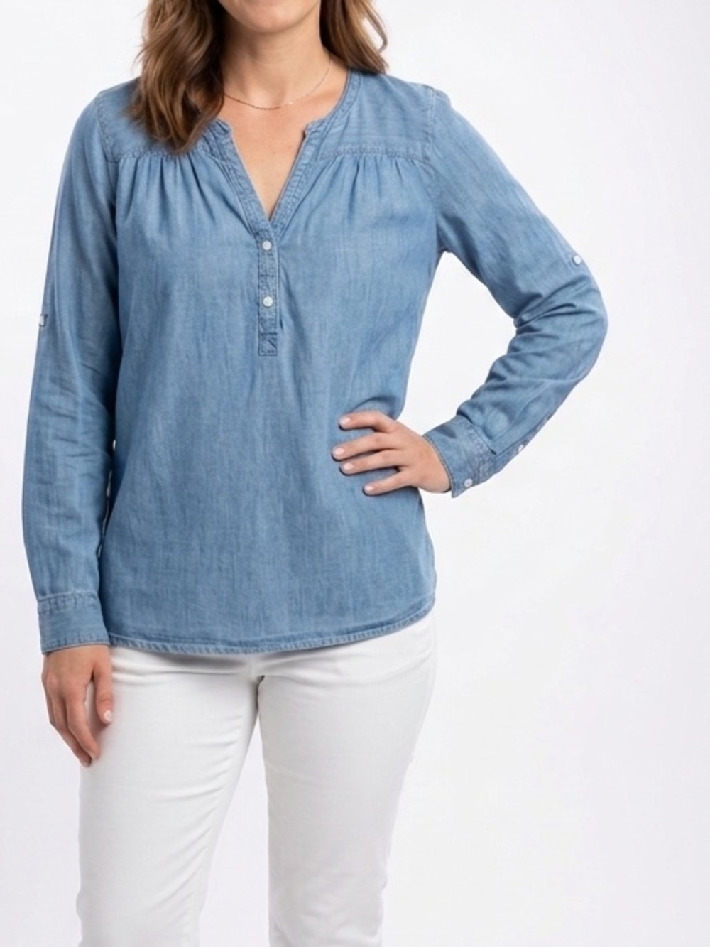 SOFT JOIE Chambray Blue Denim Pleated Henley Top w Roll Tab Long Sleeve Shirt